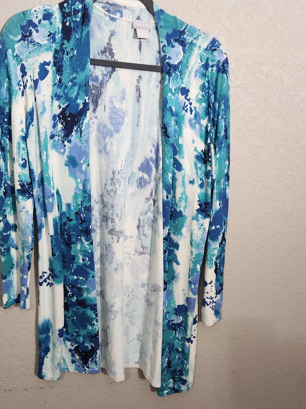 Chico's Blue Teal White Watercolor Print Sweater Cardigan Set